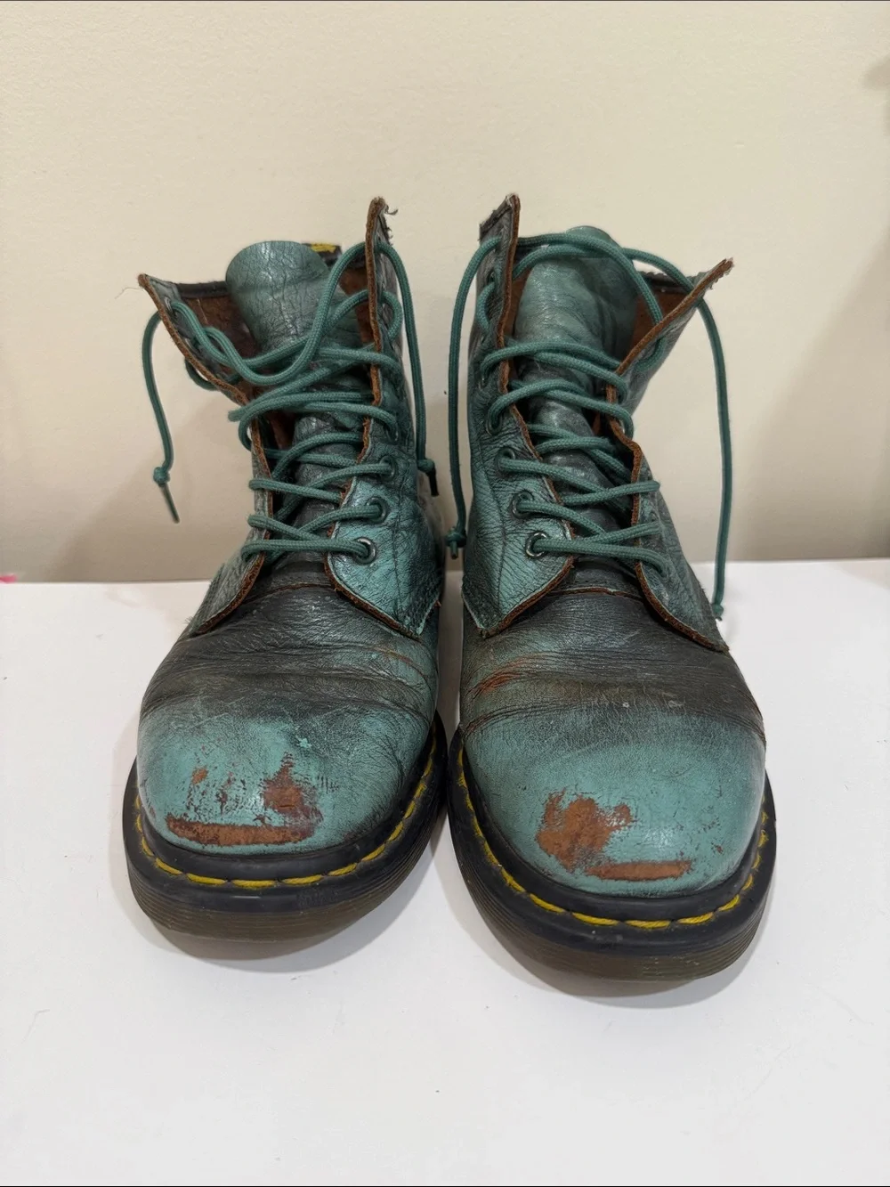 Dr. Martens Teal Green Leather Chukka Boots with Yellow Stitching